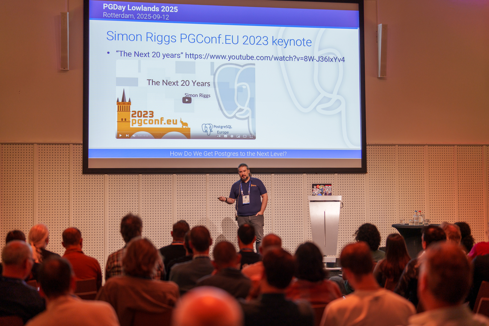 Obligatory photo from PGDay Lowlands 2025 talk. Credit: honkingelephant.com